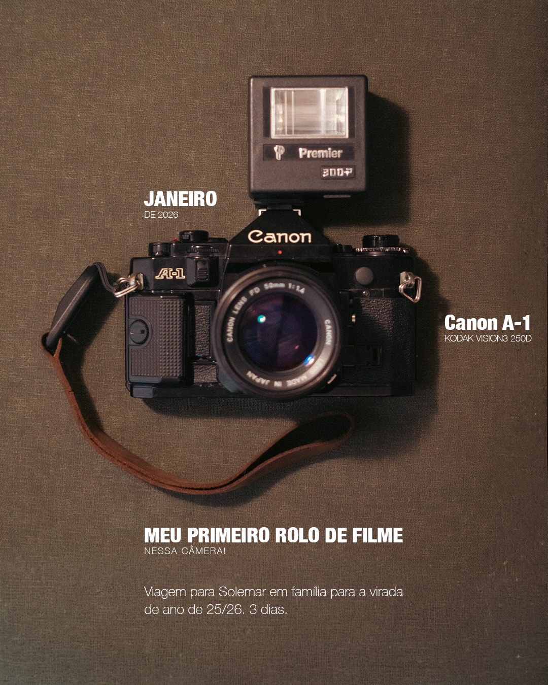 Canon A-1 film camera with flash on a brown background